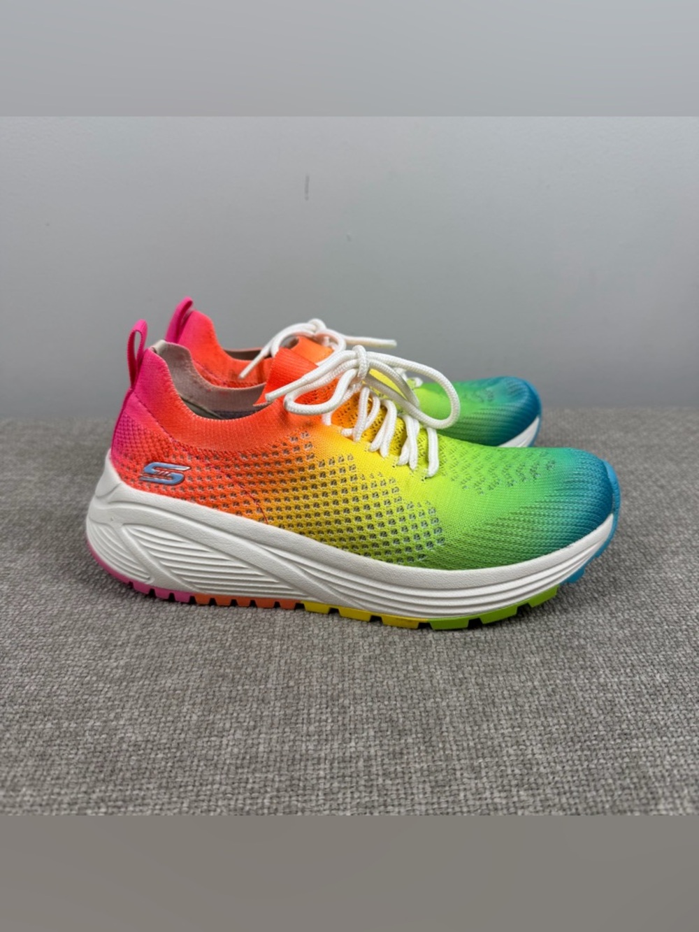 Skechers Womens 5.5 Bobs Sparrow 2.0 Neon Rainbow Comfort Shoes Sneakers 117050